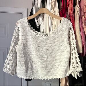RICO HAND KNITS white chunky crochet long sleeve scoop neck cropped boxy sweater